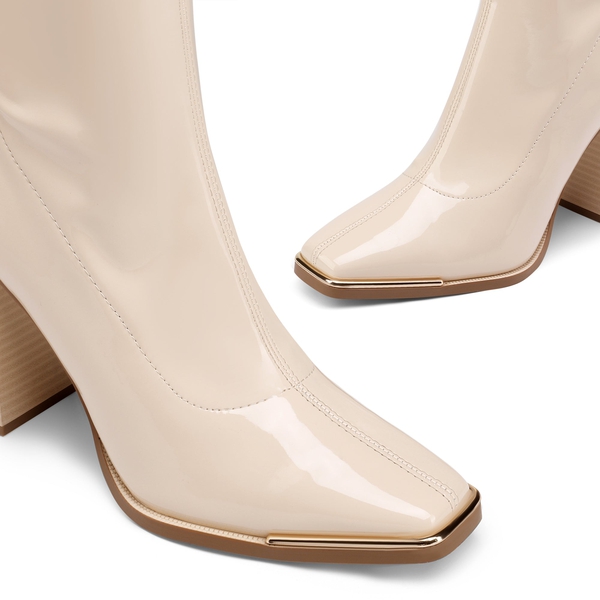 Chunky Square Toe Mid Calf Boots - BEIGE WHITE PU - 4